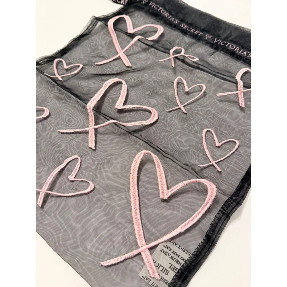 Victoria's Secret Black Mesh Heart Embroidered Lingerie Drawstring Bag NWT